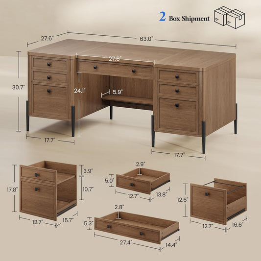 63" Executive Desk with 5 Drawers, Farmhouse Home Office Desks with 2 Storage Cabinet and Keyboard Tray, Large Boss Desk with Privacy Panel, Modern Table with Open Shelf and File Drawer