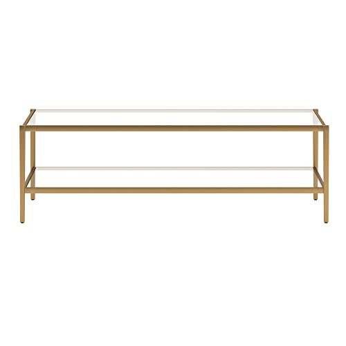 54" Wide Rectangular Coffee Table with Glass Shelf in Antique Brass, Modern coffee tables for living room, studio apartment essentials | Spacious dual-level design provides room for décor and essentials without overwhelming your space