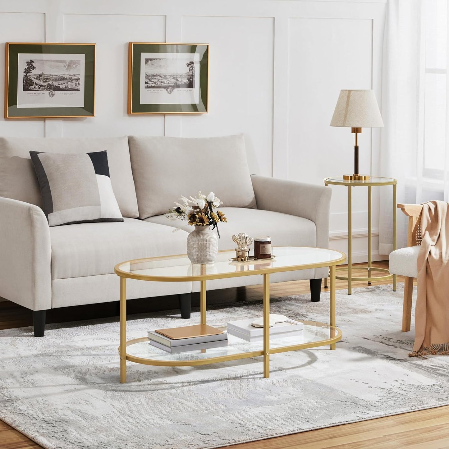 42" Oval Glass Coffee Table for Living Room, 2-Tier Center Table with Storage Shelf for Small Space, Office