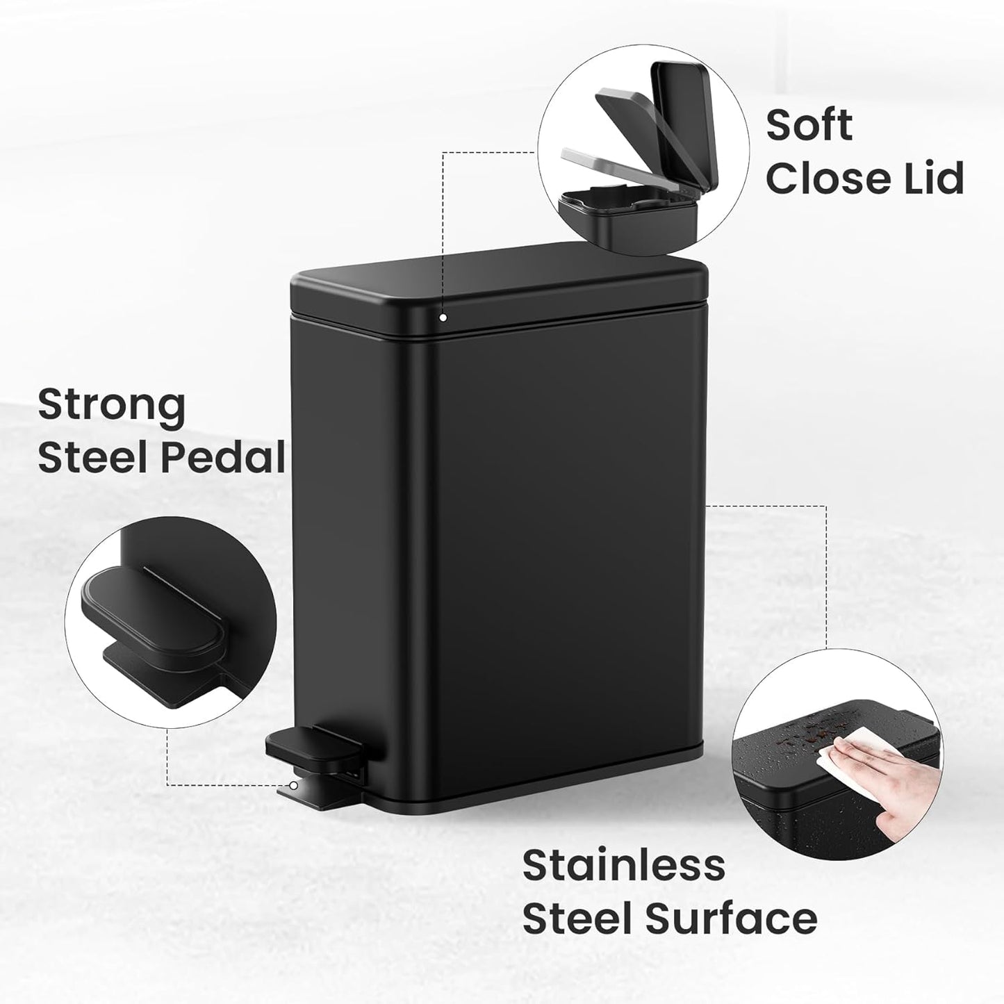 Bathroom Trash Can with Lid, 2.6 Gallon Small Black Bathroom Garbage Can Soft Close, Stainless Steel Waste Basket with Step Pedal for Bedroom, Laundry Room, Living Room, Home Office, Toilet, RV