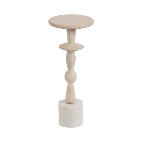 Avenal Modern Round Wood Drink Table, 9 x 9 x 22, Bleached Wood and White Marble, Boho Circle Mini Pedestal with Marble Base for Use as Martini Stand or Small Bedroom Nightstand Option