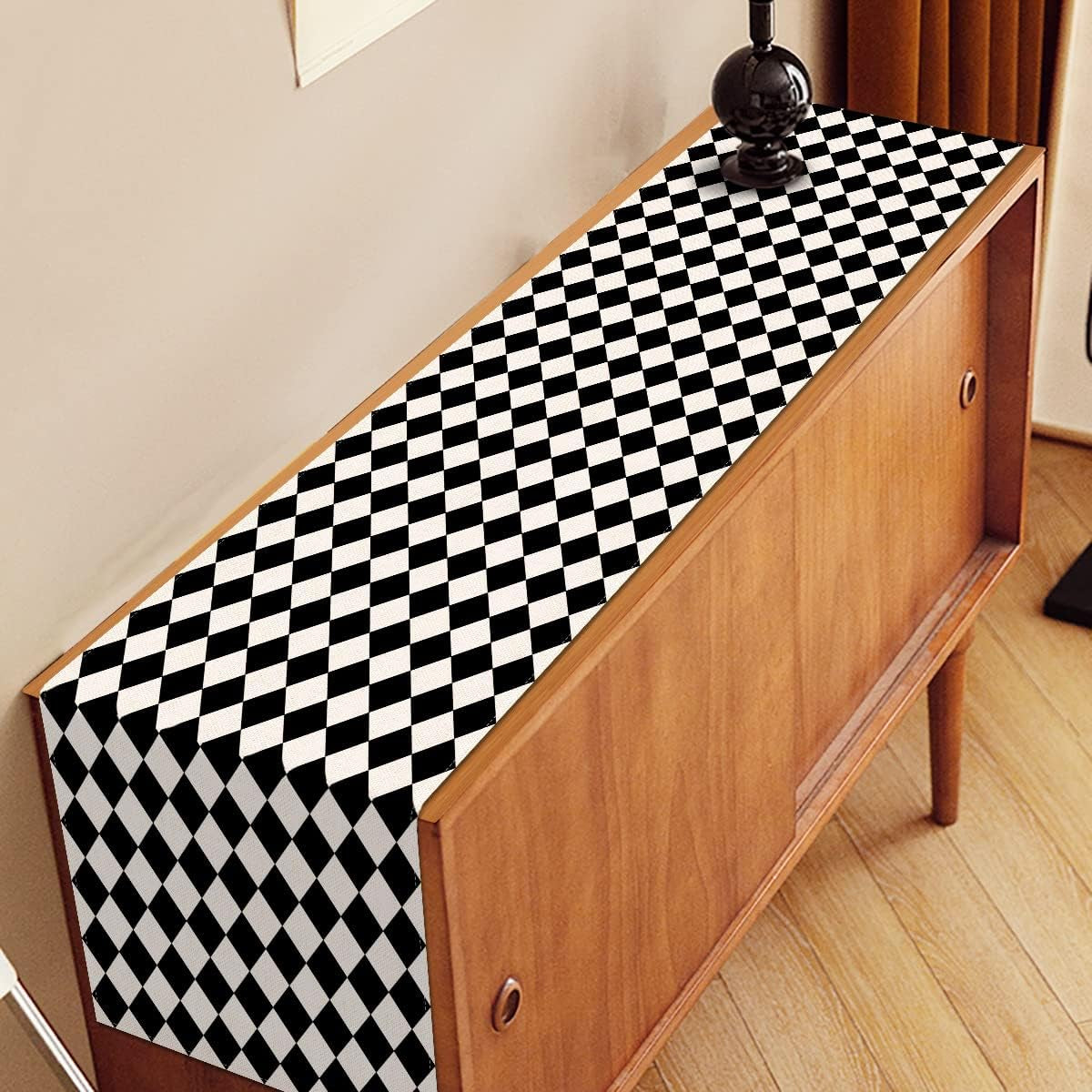 Black White Diamond Table Runner Tea Themed Party Decoration Picnic Holiday Harlequin Checkered Table Cover for Kitchen Dining Room 72Inches Long