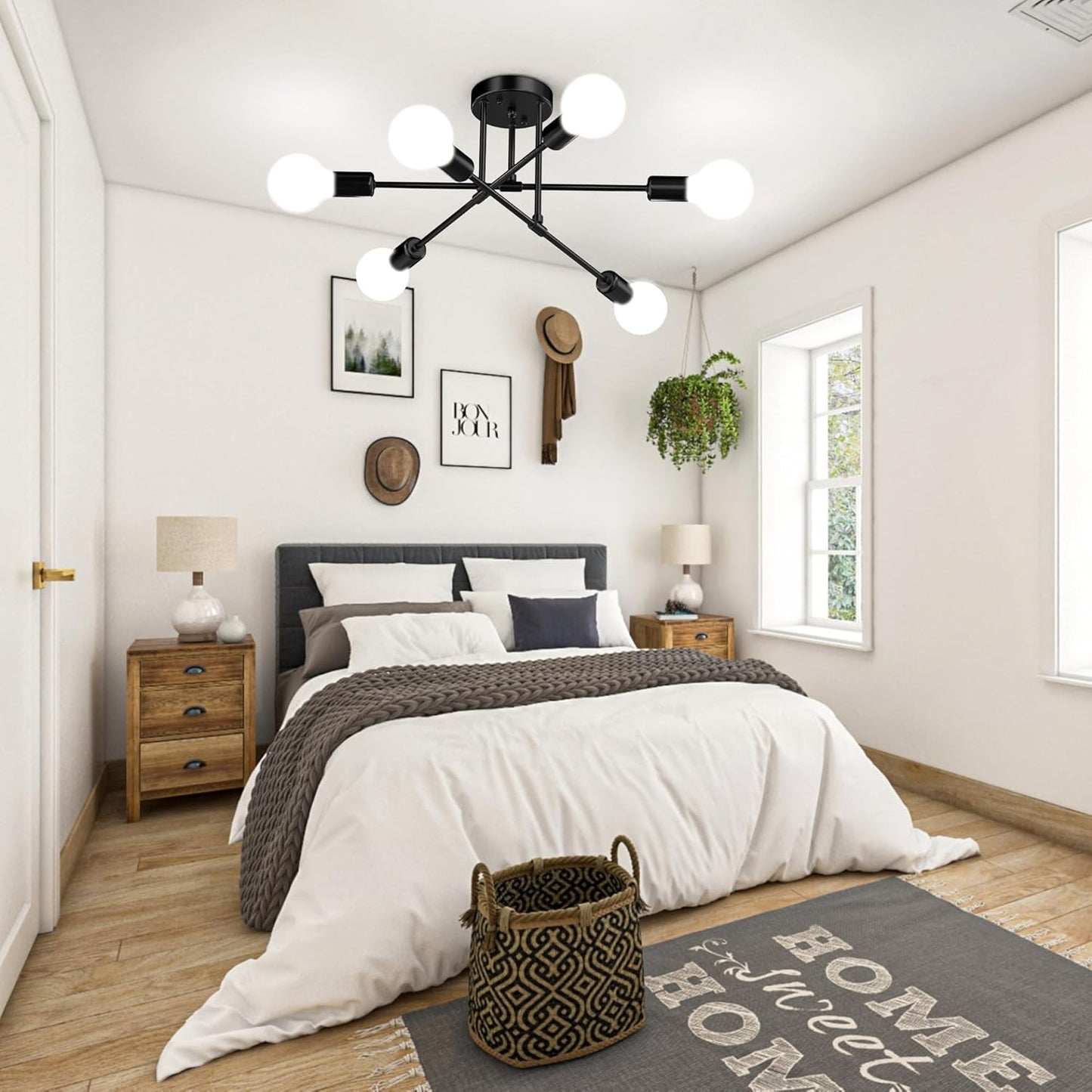 Modern Sputnik Chandelier Ceiling Light Fixtures, 6-Lights 22” Mid Century Industrial Metal Semi Flush Mount for Dining Room, Bedroom, Living Room-Black