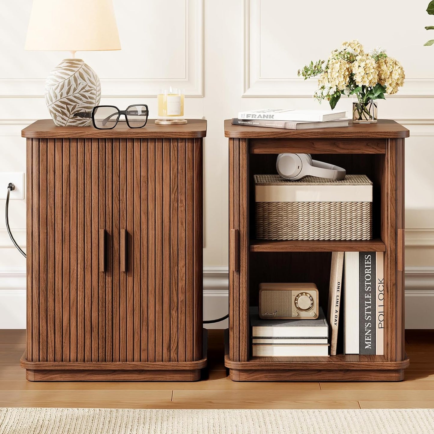 Square End Table with Storage & Charging Station, Fluted Accent Side Table with Sliding Door & Sturdy Pedestal, Mid-Century Modern Nightstand for Small Space, Living Room, Bedroom, Black