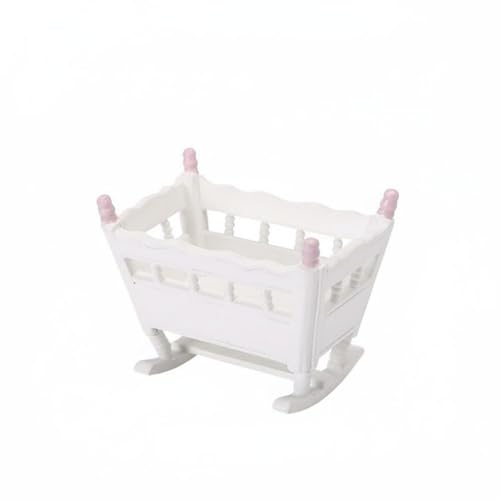 Dollhouse Cradle Miniature Rocking Bed Wooden Infant Furniture Spindle Rail Nursery Crib Realistic Design Suitable for Diorama Project Collector Display Bedroom Scene, Pink