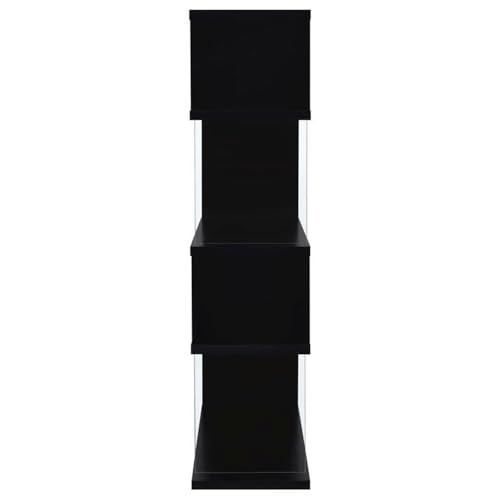 4-Shelf Contemporary Wood Bookcase, Black Finish, Glass Side Panels, Zigzag Design, 63 in H x 35.5 in W x 15.5 in D, Modern Storage for Home Office or Living Room