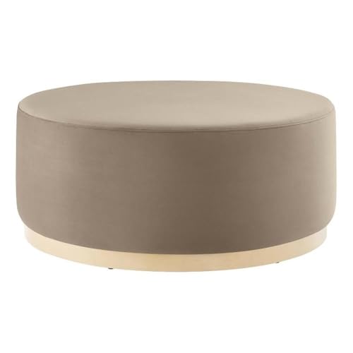 Tilden 38 Inch Round Performance Velvet Upholstered Ottoman in Taupe Natural - Round Ottoman Coffee Table for Living Room, Large Ottoman Foot Rest with Rubberwood Plinth Base