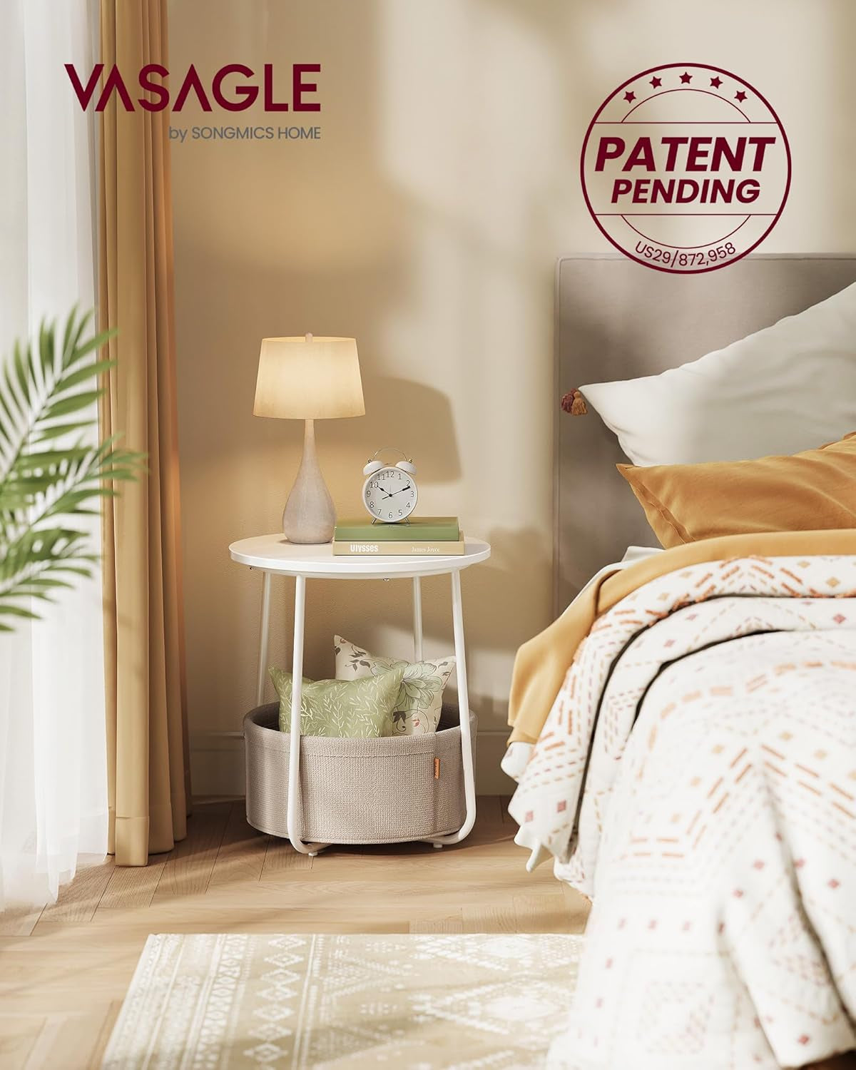 End Table, Side Table with Fabric Basket, Modern Nightstand, Square Bedside Table, for Living Room, Bedroom, Matte White and Camel Brown ULET229W10