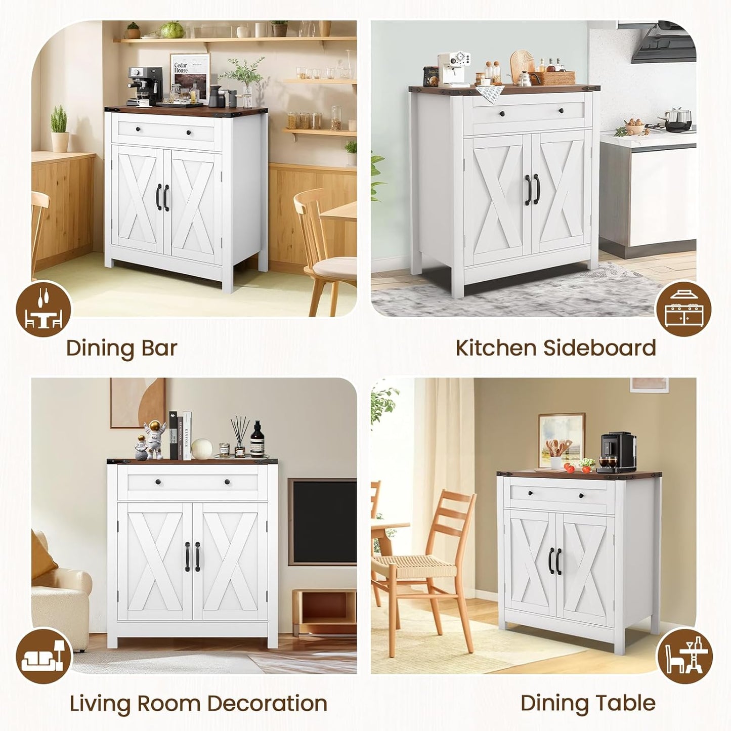 White farmhouse coffee bar cabinet with drawer and adjustable shelf, view 7