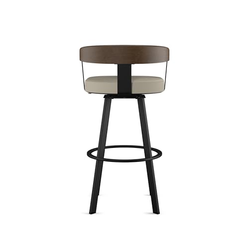 Lars 26" Swivel Counter Height Barstool, Upholstered Stool with Solid Wood Back and Arms for Kitchen Island or Bar, Drees Stool, Greige Faux Leather/Brown Wood/Black Metal
