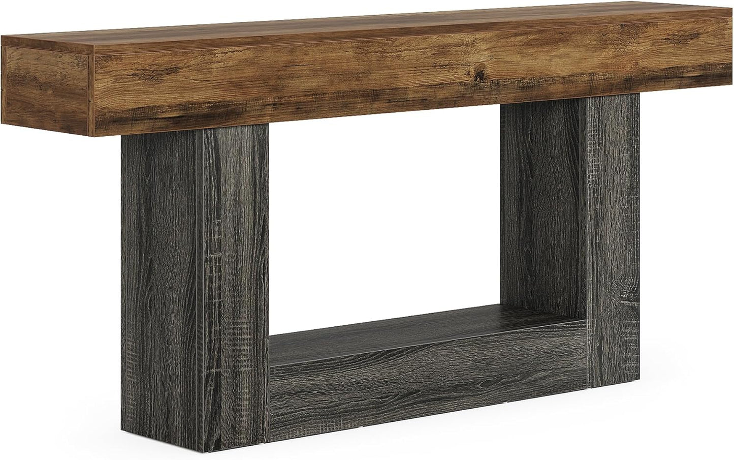 63" Console Table, Farmhouse 2-Tier Entryway Table with U-Shaped Base, Narrow Long Wood Sofa Table behind Couch Table for Living Room, Hallway, Foyer, Vintage Brown & Gray