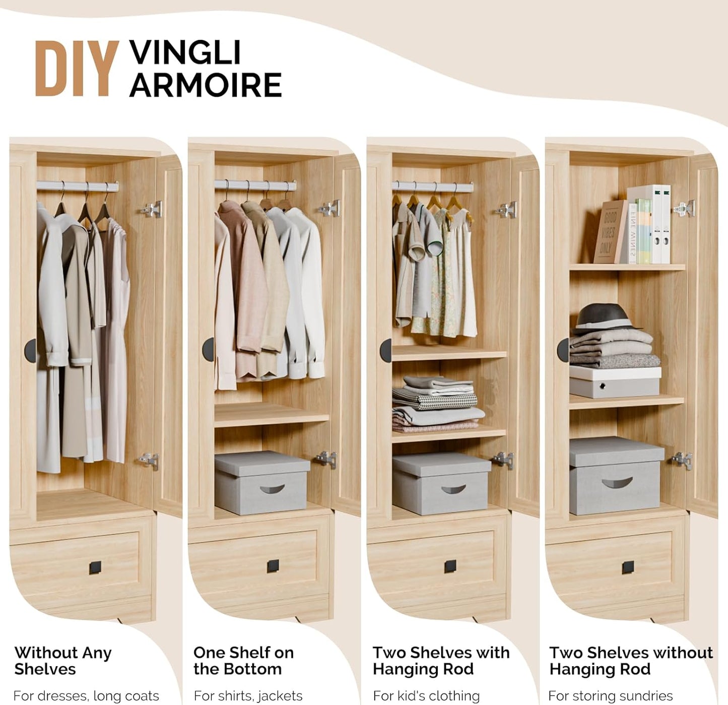 Armoire Wardrobe Closet with Doors, Hanging Rod, Shelves and Drawer - Freestanding Cabinet for Bedroom, Dorm - Oak, 38" W X 21" D X 65" H