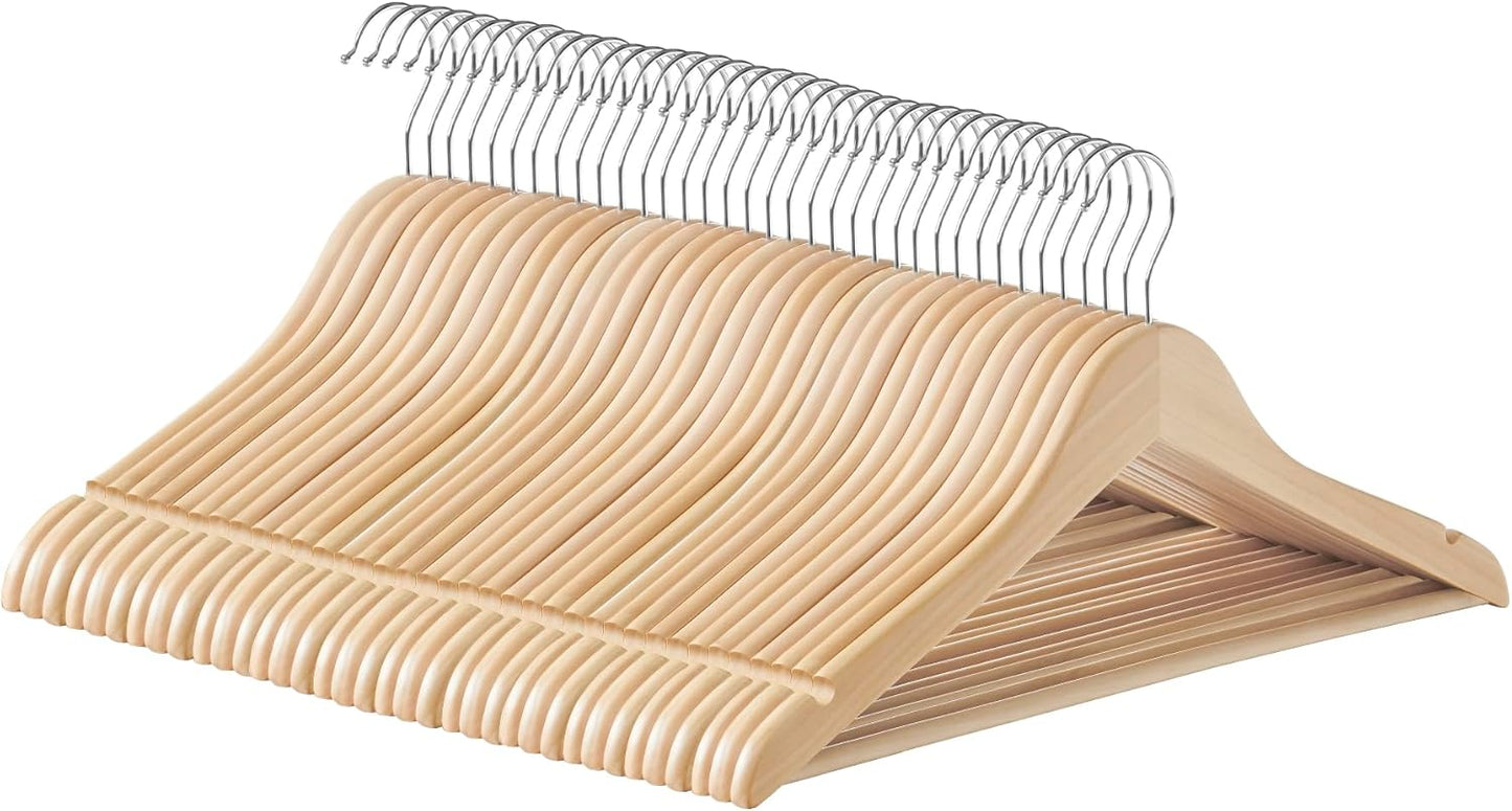 Wooden Hangers, Pack of 24, Coat Hangers, Non-Slip, Pants Bar, 360° Swivel Hooks, for Jackets, Shirts, Coats, Natural Beige UCRW010N24