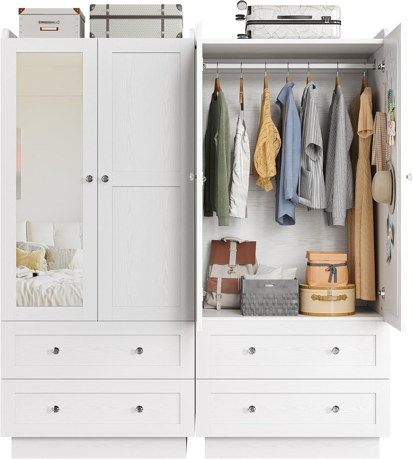 Wardrobe Closet with LED Light & Mirror, Wooden Modern Armoire with 2 Drawers and Hanging Rod, Large Capacity Storage Closet for Bedroom, White