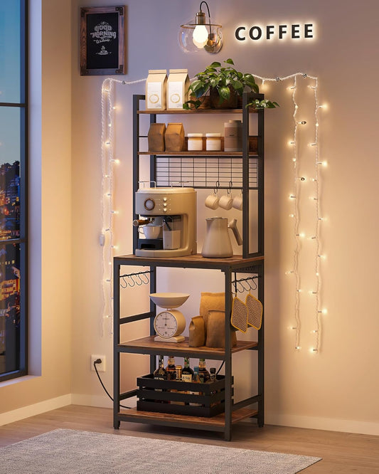 Bakers Rack with Power Outlet, Microwave Stand, Kitchen Tall Utility Storage Shelf, with Metal Wire Panel, 14 Hooks, 15.7 X 23.6 X 66.9 Inches, Rustic Brown and Ink Black UKKS037B01