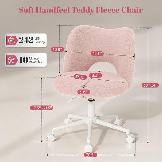 Vanity Chair with Wheels Pink,Cute Vanity Chair with Back,Ultra-Plush Fleece Cute Desk Chair, Small Office Chair Height Adjustable,For Make-Up Room,Bedroom