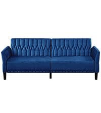 77” Velvet Sofa Bed with Adjustable Armrests and Backrests, Blue | Tufted Convertible Futon Couch with Nailhead Trim, Loveseat Modern Velvet Sleeper Sofa for Living Room,Bedroom,Office