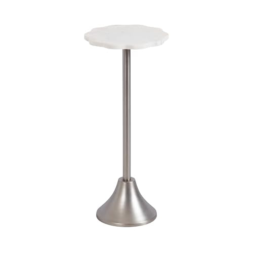 Sanzo Modern Pedestal Drink Table; 10 x 10 x 23; White Marble and Silver; Decorative End Table with Scalloped Marble Tabletop for Use as Small Plant Stand or Cute Martini Table