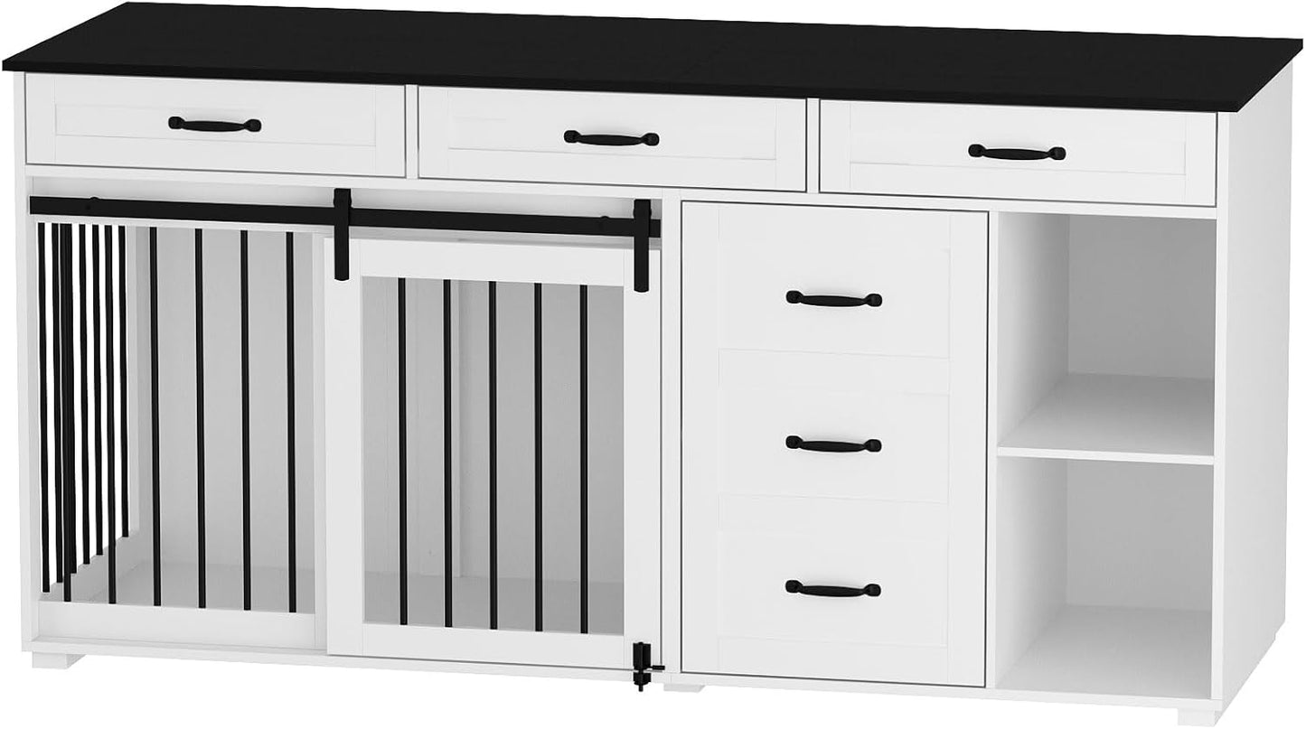 Dog Crate Funiture with Storage, 67" Wooden Heavy Duty Dog Kennel Table Furniture with Drawers & Shelves, Indoor Dog House TV Stand Single Room W/Sliding Door, White