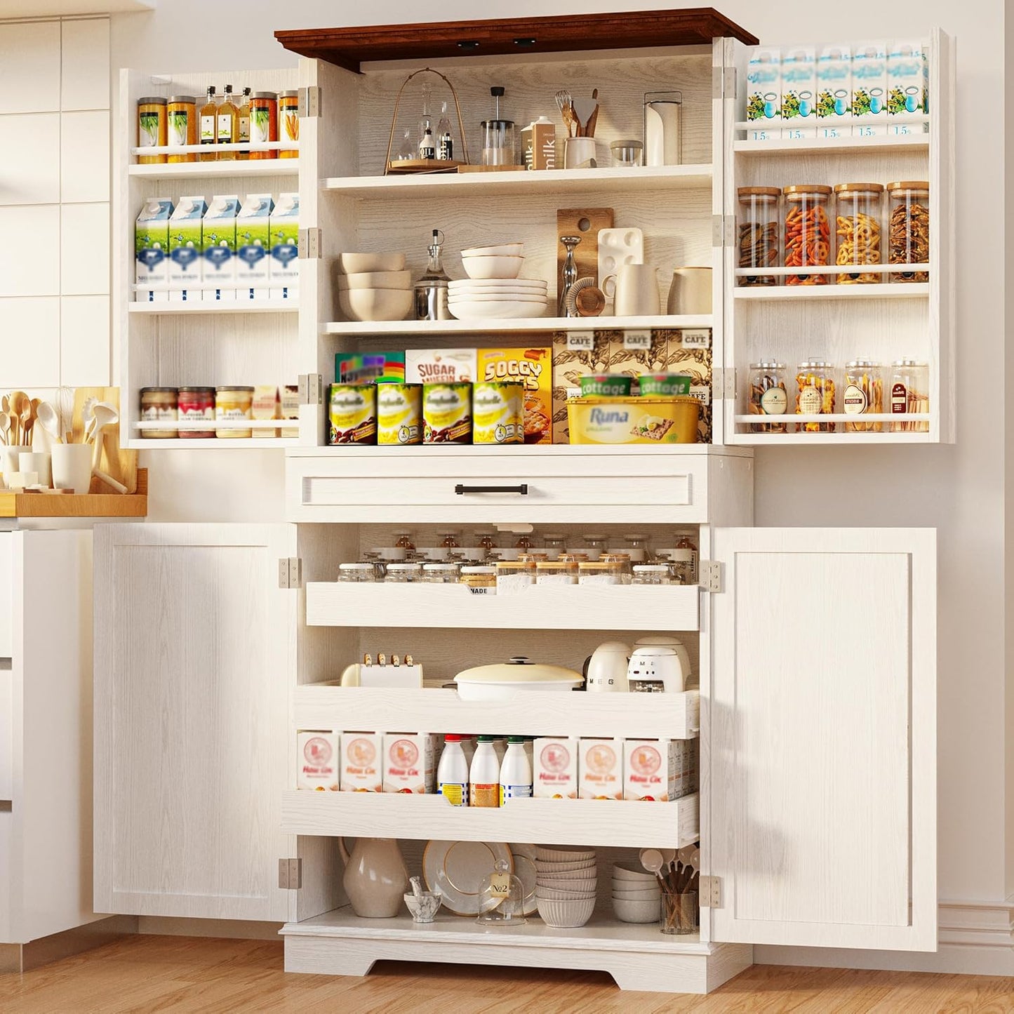 Farmhouse Kitchen Pantry Cabinet, 72" Height Tall Freestanding Cupboard with Sliding Storage Rack and 6 Hanging Shelves for Kitchen, Dining Room, White