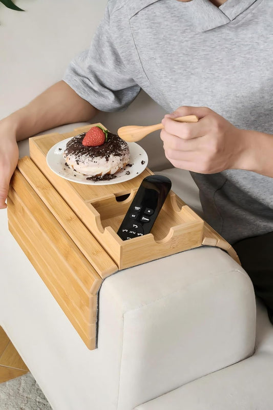 Sofa Arm Tray, Bamboo Large Couch Cup Holder with Hidden Storage, Sofa Armrest Tray Portable Anti-Spill Beverage Snack Remote Holder