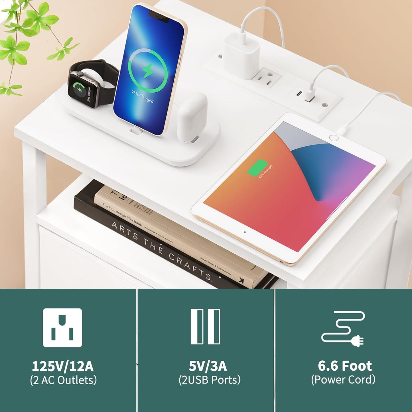 Night Stand with Charging Station, 16 Colors LED Nightstand with USB Ports and Outlets, End Table with 3 Fabric Drawers and Storage Shelf, Bedside Tables Small Dresser for Small Space White