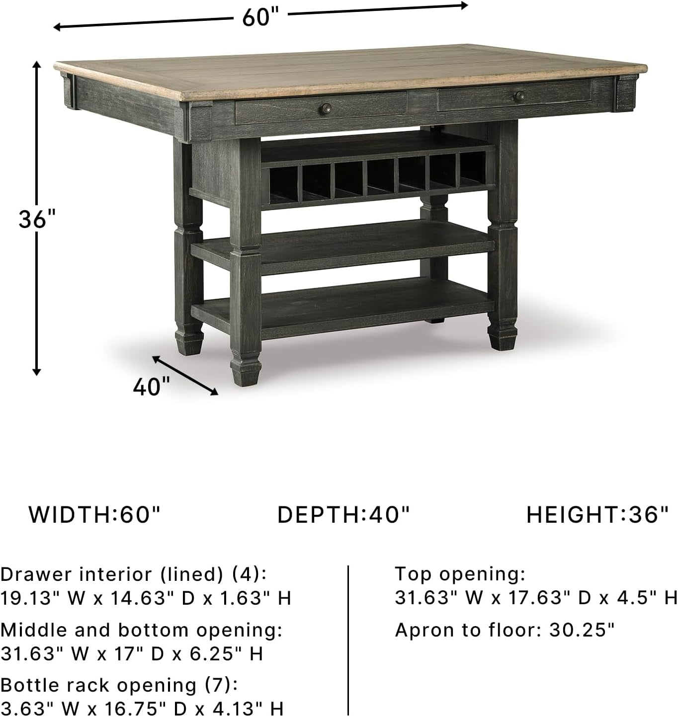 Tyler Creek Farmhouse 36"Counter Height Dining Table with Wine Rack, Amost Black