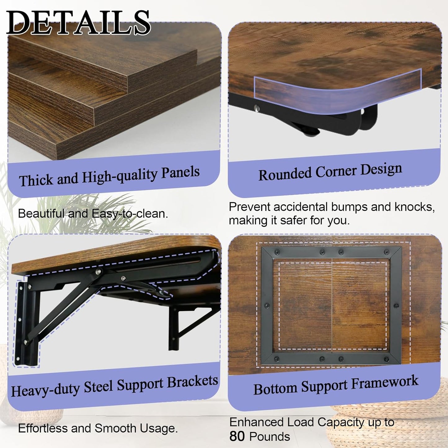Wall Mounted Folding Table, Rustic Brown Floating Wall Desk for Small Spaces, Drop Leaf Dining Table for Kitchen Fold down Laundry Shelf with Heavy-Duty Brackets