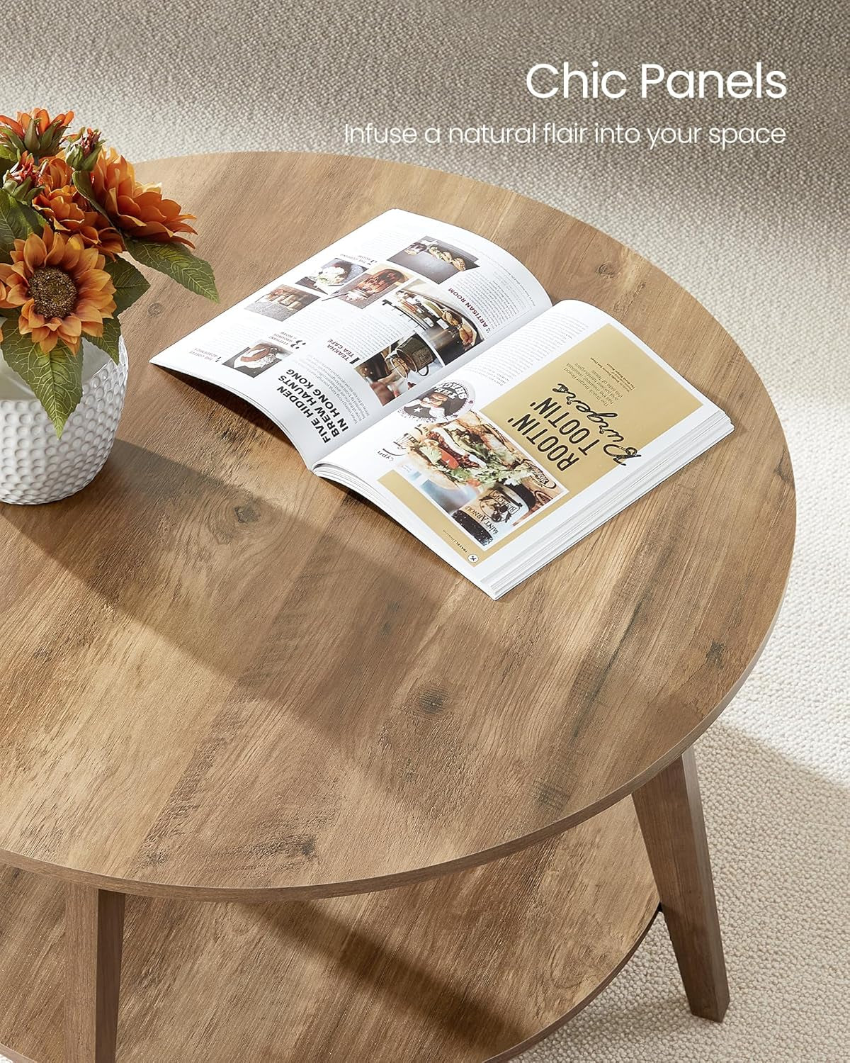 MAEZO Collection - round Coffee Table, 2-Tier Center Table with Storage, Tapered Legs, Curved Transitions, 31.5 Dia. X 17.7 H Inches, Easy Assembly, for Living Room, Honey Brown ULCT243K41