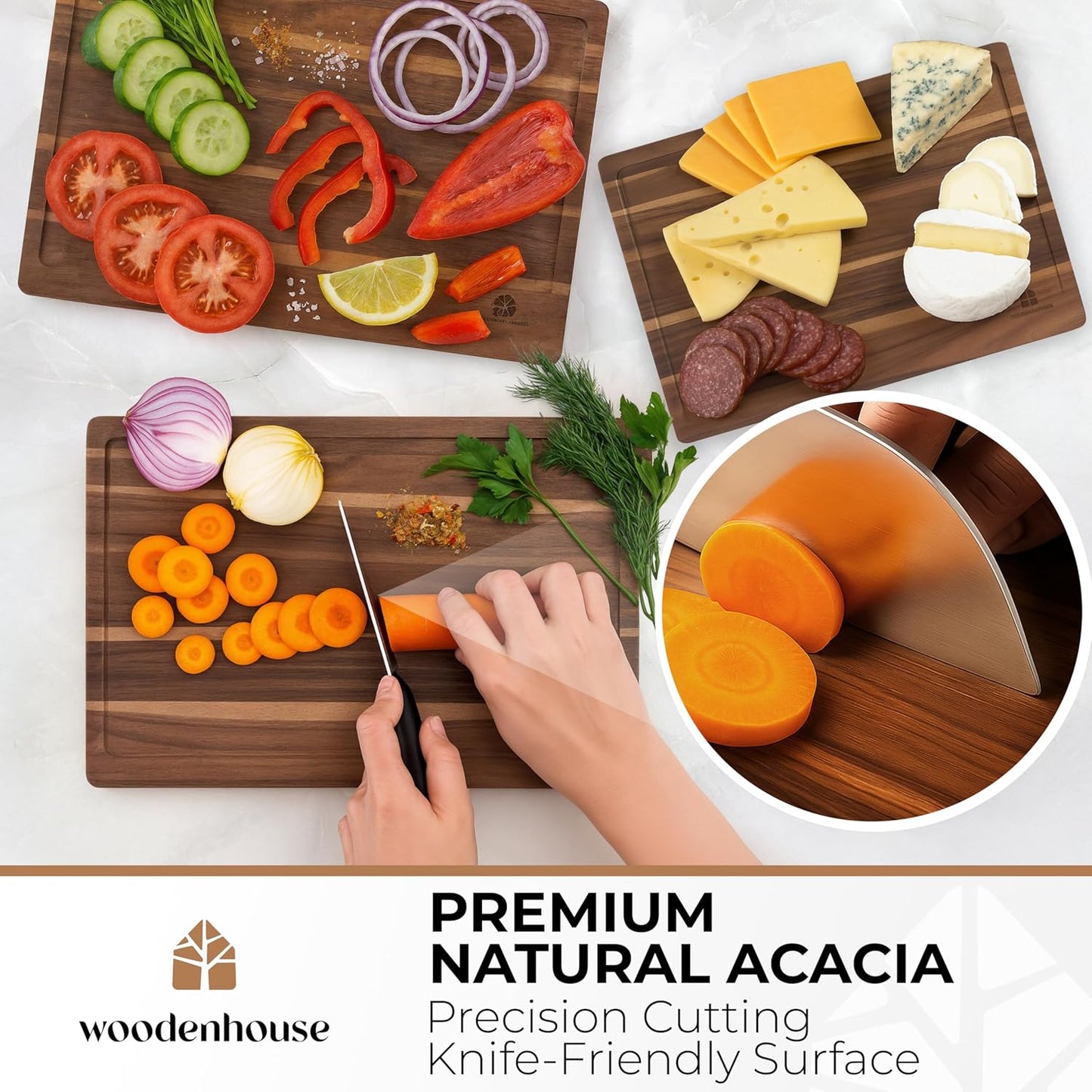 Acacia Wood Cutting Board Set of 3 with Holder, Juice Grooves & Built-In Handles - Durable, Wooden Cutting Boards for Kitchen, Perfect for Chopping, Food Prep and Serving as a Charcuterie
