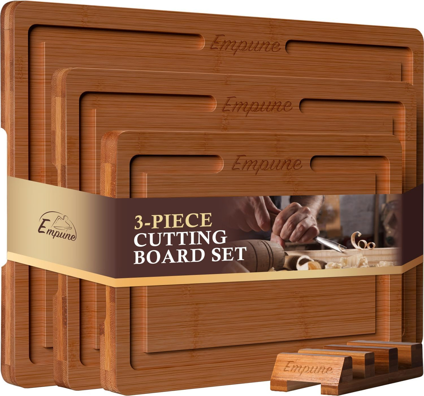 Bamboo Cutting Board Set, Wood Cutting Boards for Kitchen with Holder Wooden Chopping Board for Meal Prep & Serving, Brown