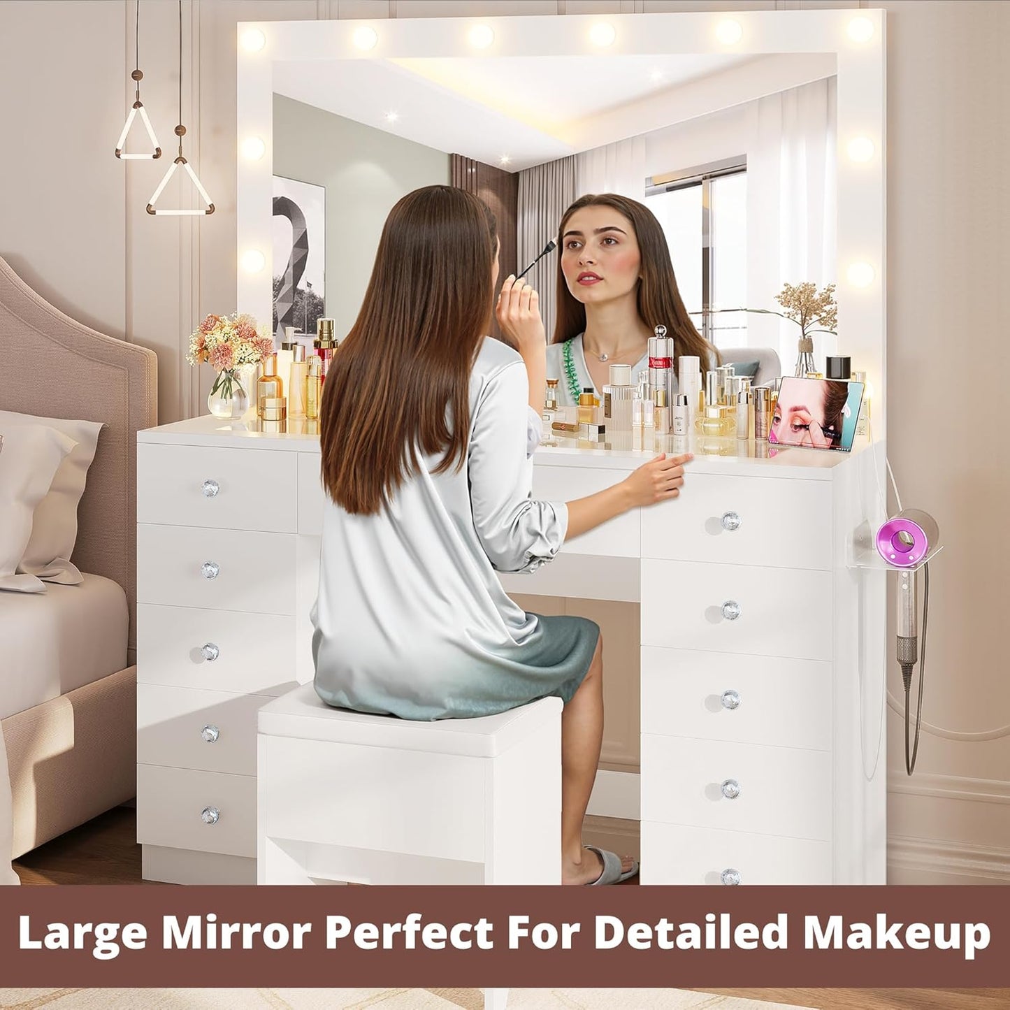 46'' Makeup Vanity Set with LED Mirror & Power Outlet - 11 Drawers, Glass Top, Dressing Table with Storage Bench for Bedroom, 3 Lighting Color Adjustable, White