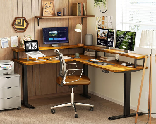 Electric L Shaped Standing Desk, 59 Inch Height Adjustable Stand up Desk with Power Outlets & Full Monitor Stand, Reversible Corner Desk for Home Office & Computer Workstation, Rustic Brown