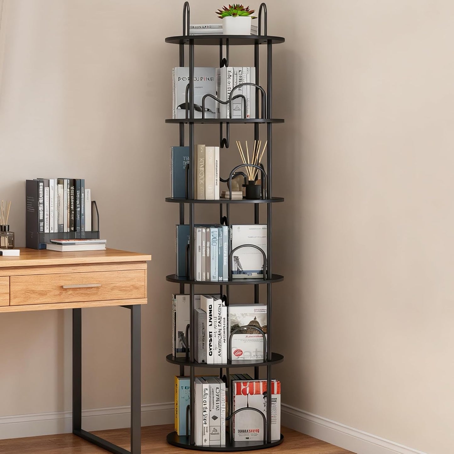 3 Tier Rotating Bookshelf, 360° Spinning Bookshelf Tower, round Narrow Space Saving for Books and Display, Revolving Bookcase Corner Tall Book Shelf for Small Spaces, Bedroom, Living Room, Gold