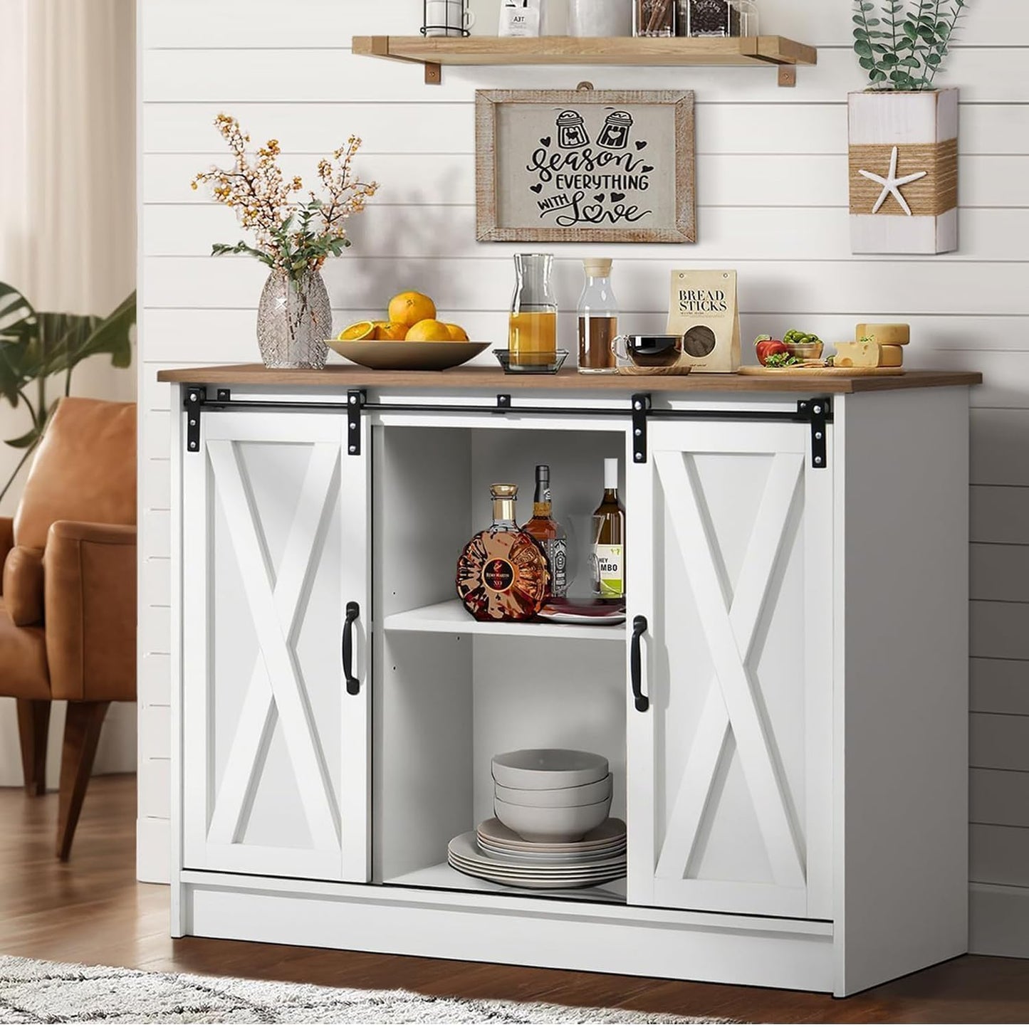Coffee Bar Cabinet with Sliding Barn Doors, 42”Farmhouse Buffet Cabinet with Storage for Kitchen, Coffee Bar with Adjustable Shelf for Dining Room, White