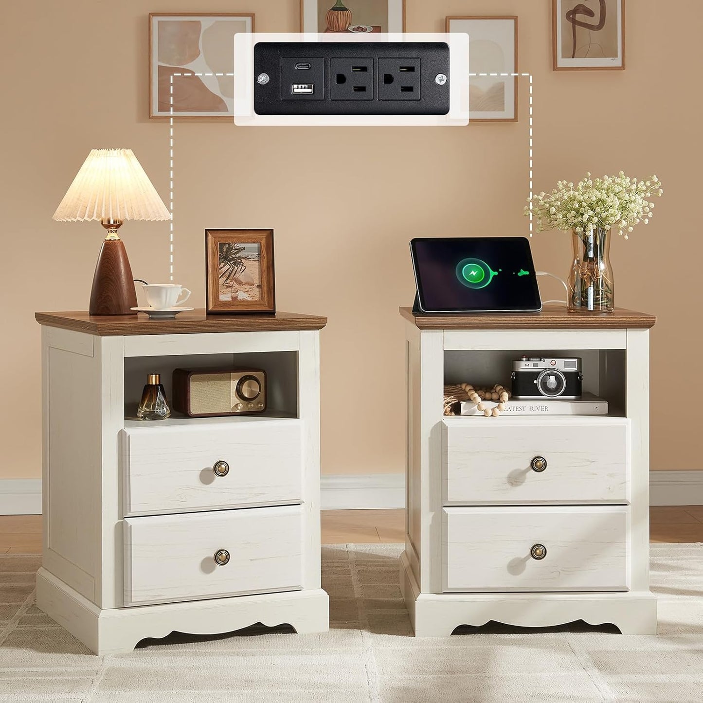 Farmhouse 3 Pieces Bedroom Sets, Include 54" Wide 7 Drawers Dresser, Nightstand Set of 2 with Charging Station, Rustic Retro Bedroom Furniture Set, White