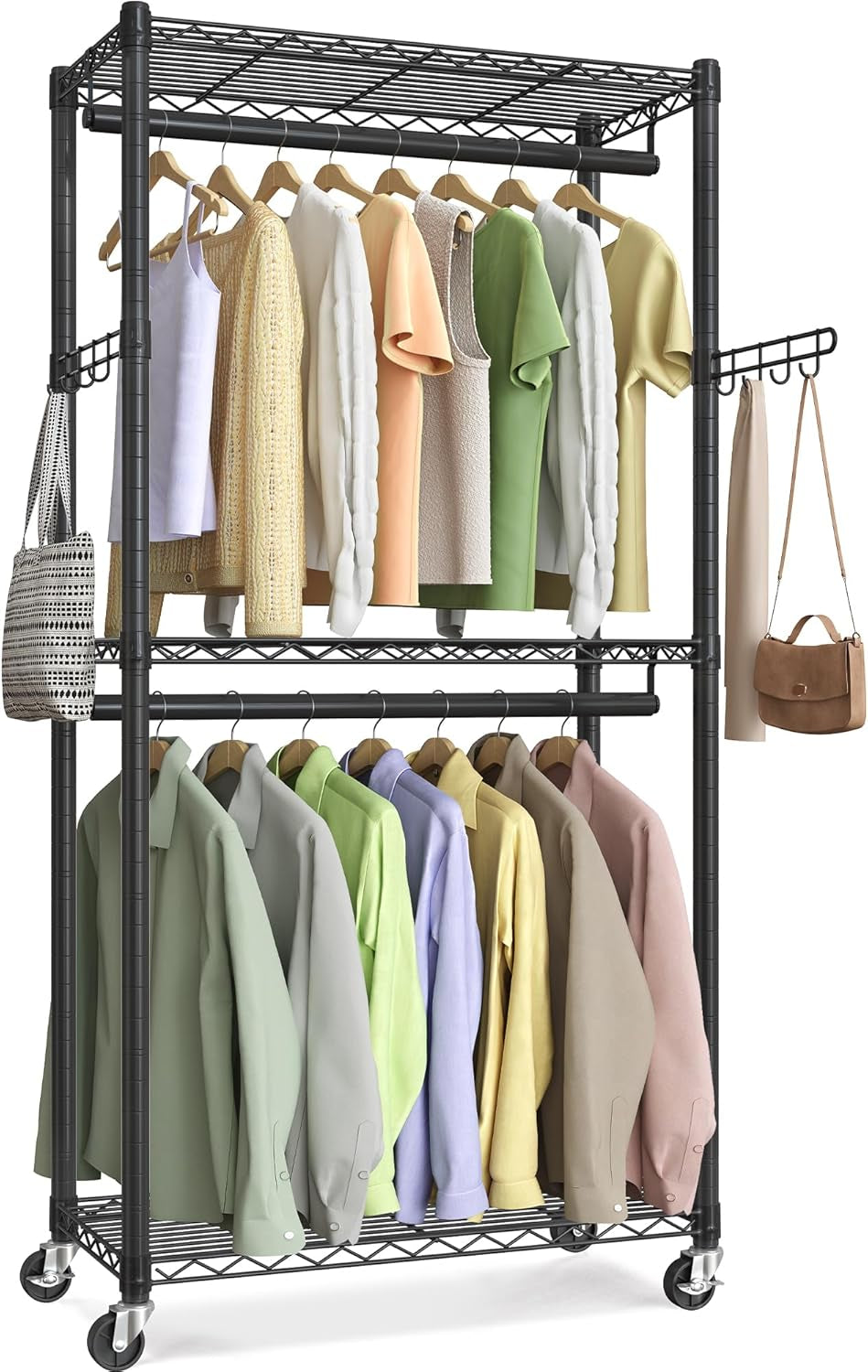 Heavy-Duty Clothes Rack, Garment Rack, Portable Closet, 68.7-Inch Wide Clothing Rack with Adjustable Mesh Shelves and Hanging Rails, Ink Black ULGR433B01