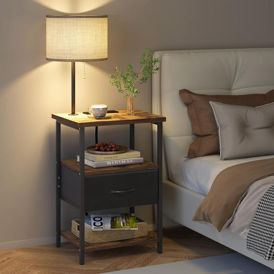Nightstand with LED Lights Bedside Table with 3 Color Temperatures Bulb, Tall Nightstand with Charging Station End Table with Adjustable Fabric Drawer for Bedroom Dorm