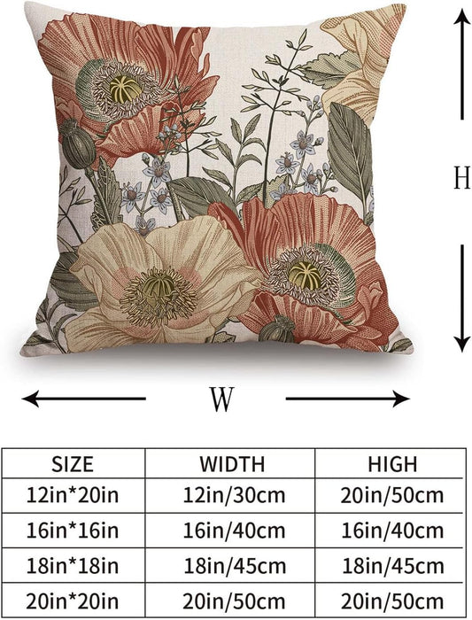 Vintage Flower Throw Pillow Covers 18X18 Brown Rust Colored Floral Botanical Pattern Decorative Pillows Outdoor Linen Farmhouse Cushion Case Country Pillowcase for Sofa Bed Room Decor Set of 2