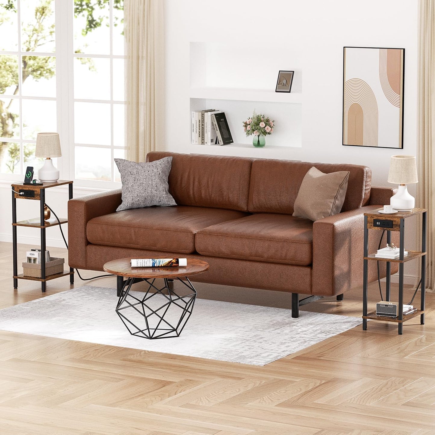 Side Table with Charging Station, Tall End Tables Living Room, 30 Inch Skinny Night Stand with Storage, Small Bedside Tables for Bedroom, Office, Dorm, Hallway, Rustic Brown