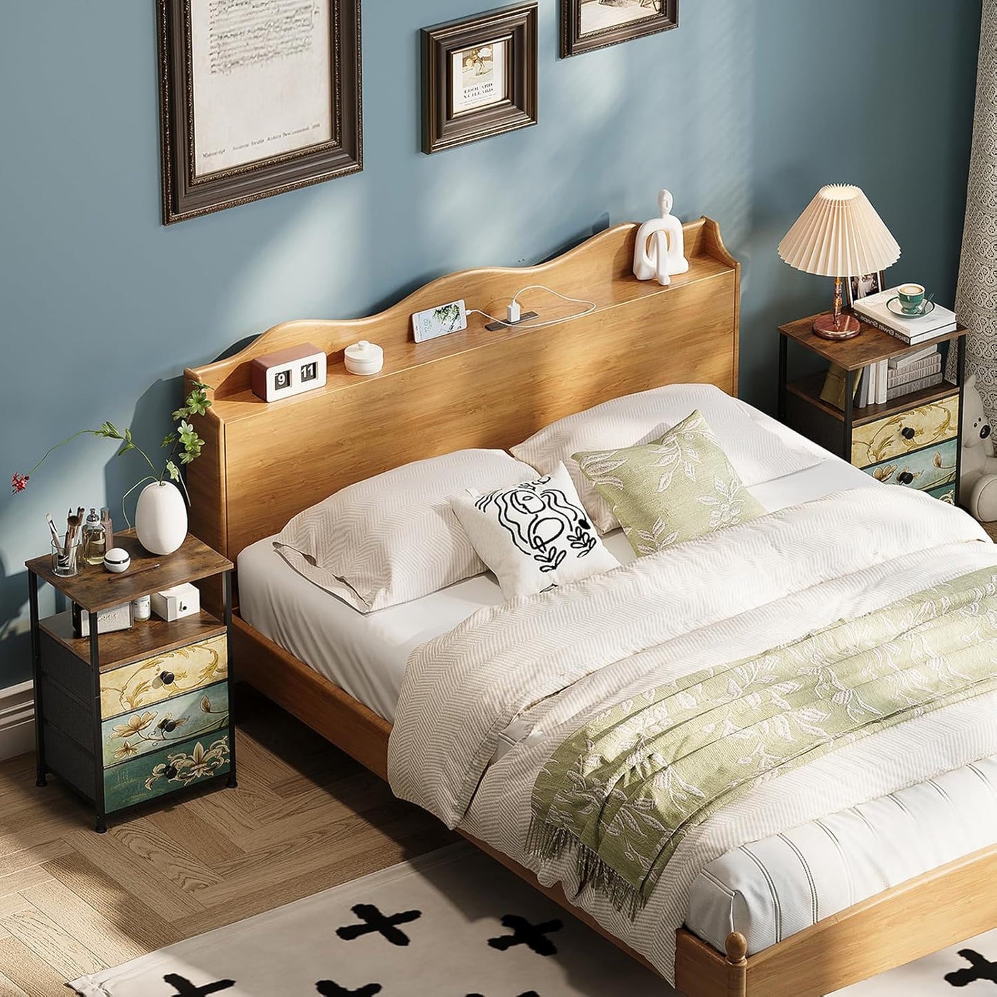 Nightstand with 3 Fabric Drawers Retro End Table with Storage Shelf Vintage Side Table for Bedroom Living Room Sofa beside Farmhouse