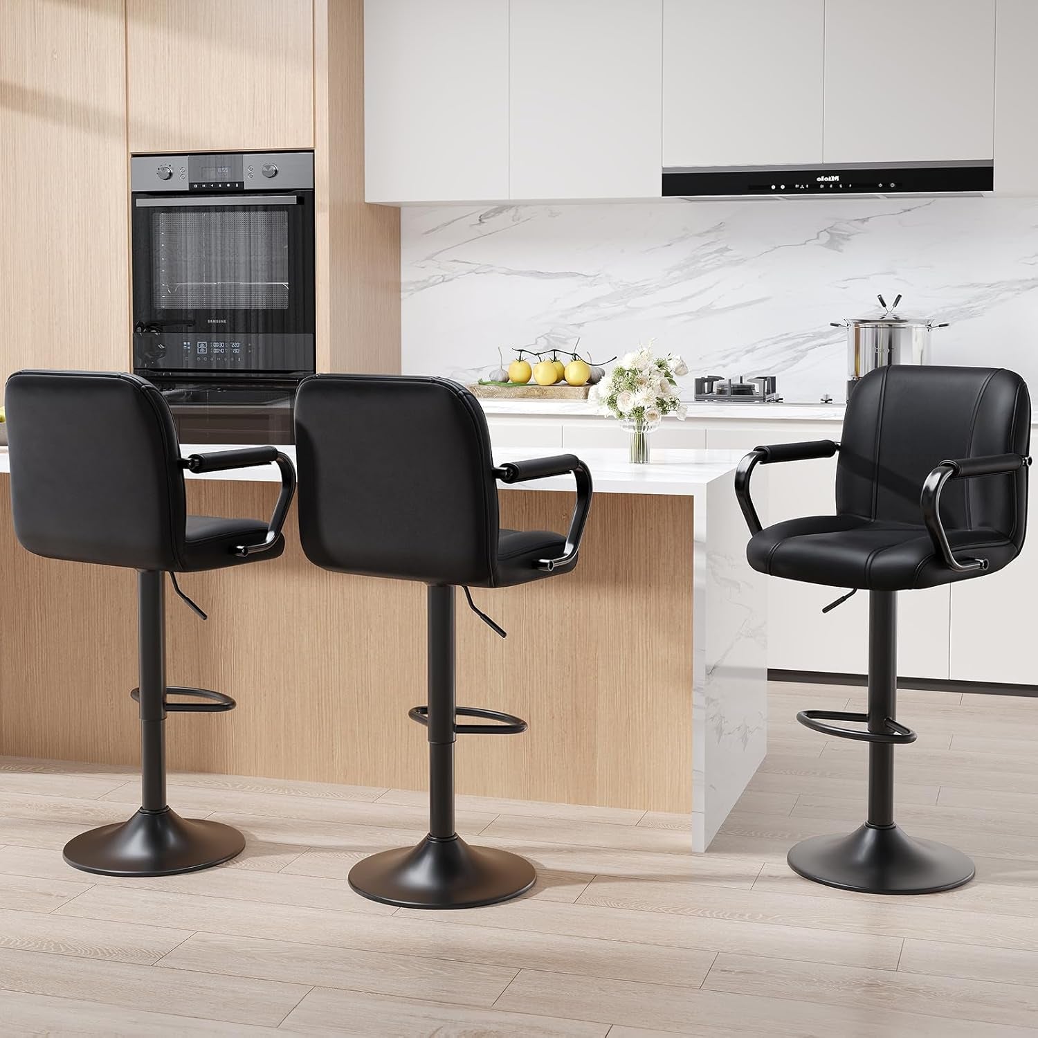 Set of 2 Modern Bar Stools with Backs - Adjustable High Chairs for Kitchen Island, Barstools for Home Bar, Island Stools, Sillas Altas Para Barra De Cocina, Black PU Leather