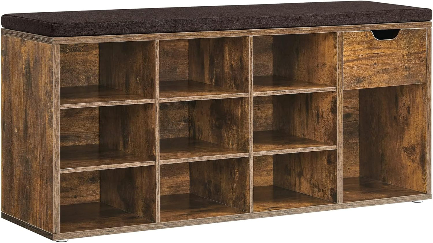 CUSTOS Collection - Shoe Bench, Storage Bench with Padded Seat, Entryway Bench with 15 Compartments, for Bedroom, 11.8 X 40.9 X 18.9 Inches, Heather Greige and Cappuccino Beige ULHS024K02