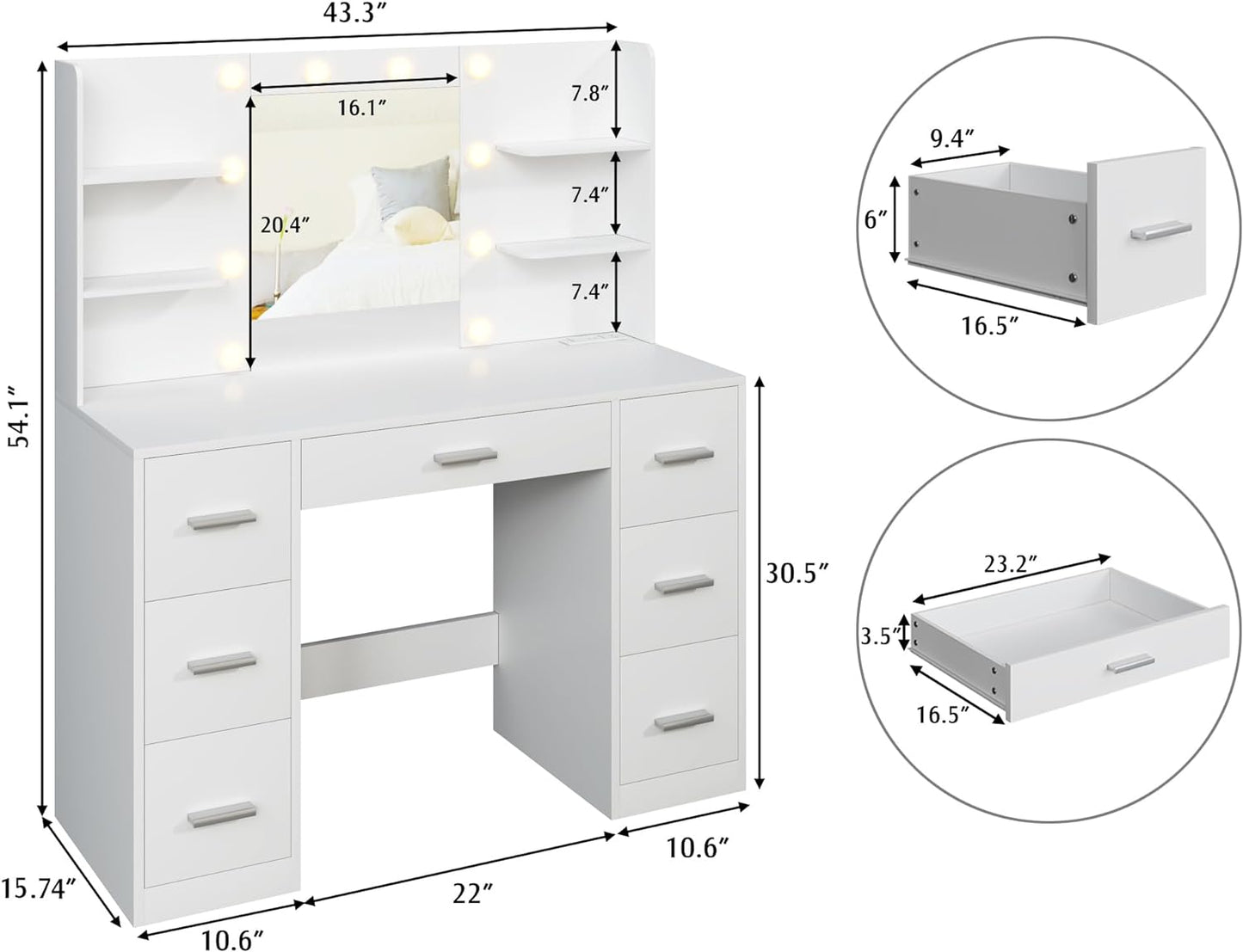 Vanity Desk with Mirror, Power Outlet and 10 Lights, Makeup Table with 7 Drawers, 3 Color Modes Available for Bedroom, White
