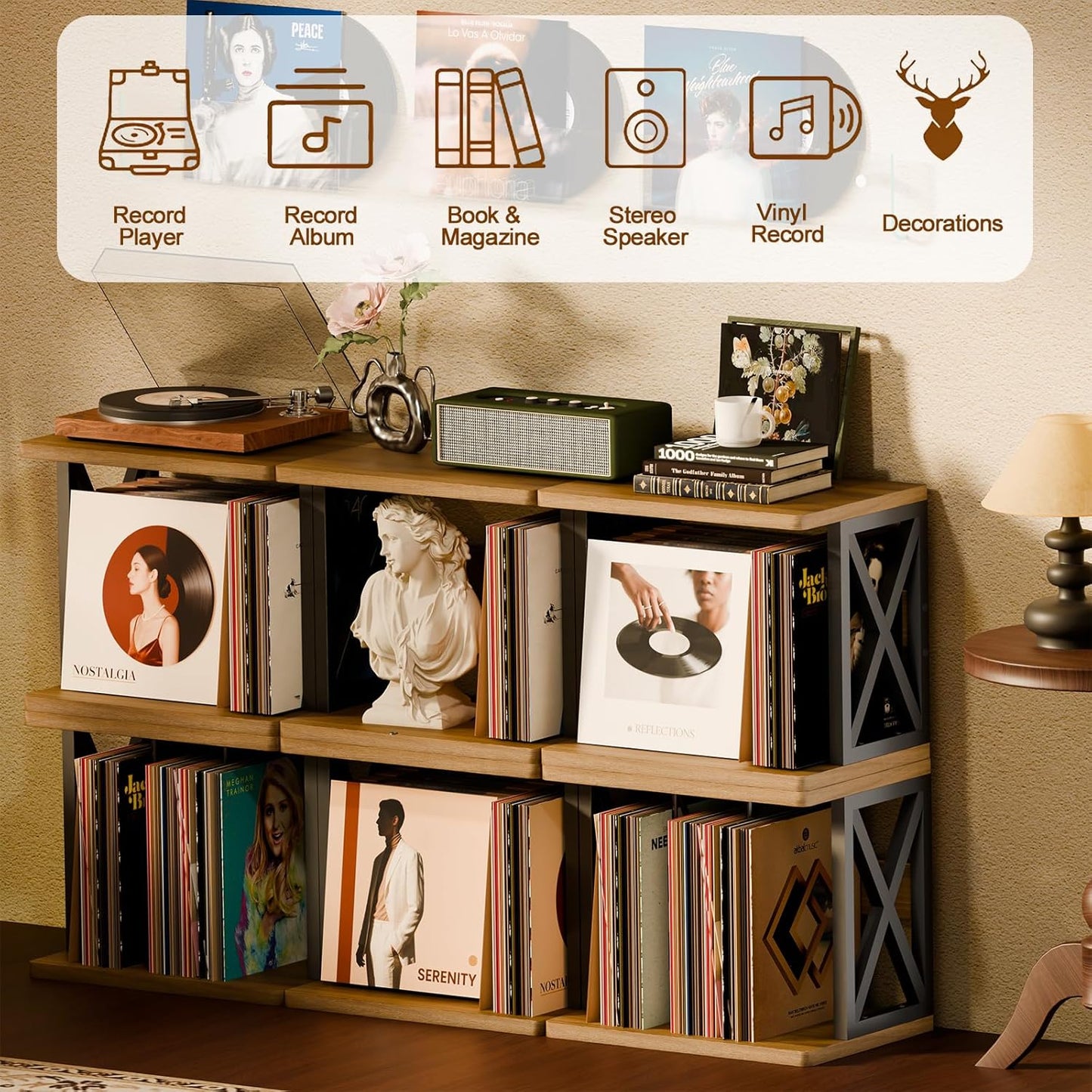 Vinyl Records Storage,80-100Lps Record Holder,Stackable Vinyl Holder,2-Tier Record Player Stand,Wood Records Player Table,Turntable Stand for Magazine, Book, Files, Albums