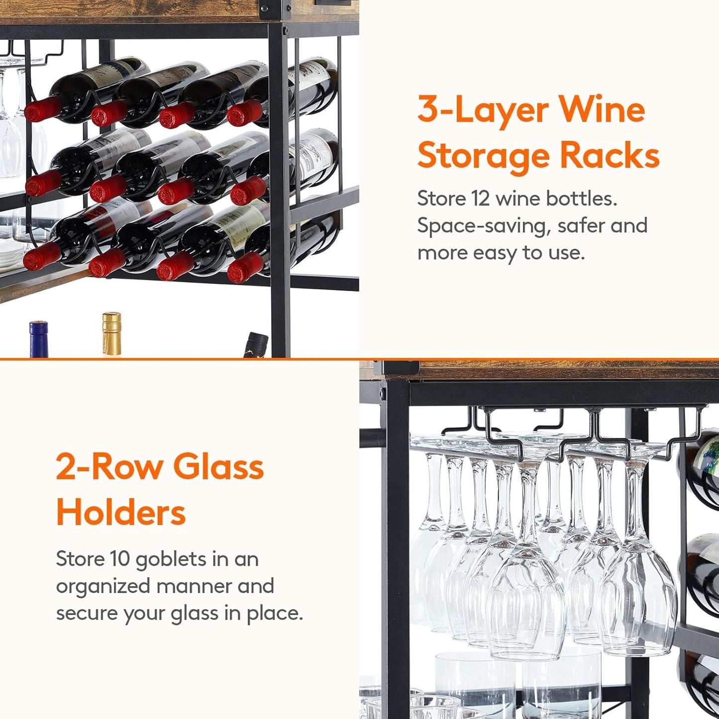 Bar Cart, Home Bar Serving Cart, 3 Tier Drink Cart with 12 Wine Bottle Racks, Liquor Beverage Cart for Kitchen Dining Livingroom, 31.5" X 15.7" X 36.6", Removable Top Tray, Rustic Brown