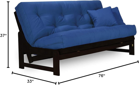 Arden Dark Espresso (Near Black) Futon Set (Full or Queen Size), Armless Wood Futon Frame with Mattress Included (Twill Royal Blue), Space Saving Sofa Bed Sleeper