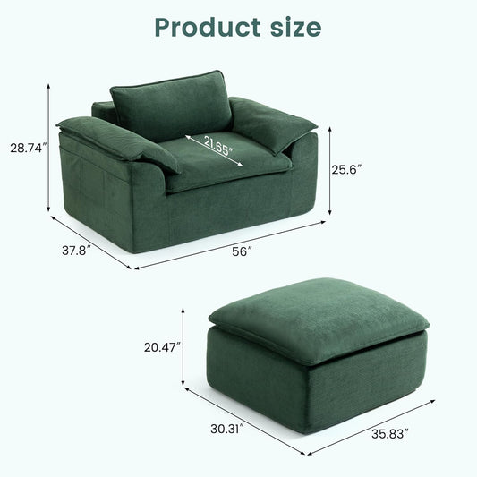Chaise Lounge Chair Indoor, 56" Oversized Chenille Upholstered Boneless Sofa Bed, Deep Seat Sleeper Couch Reading Chairs, Cloud Sofas Couches for Living Room, No Assembly Required (Green)