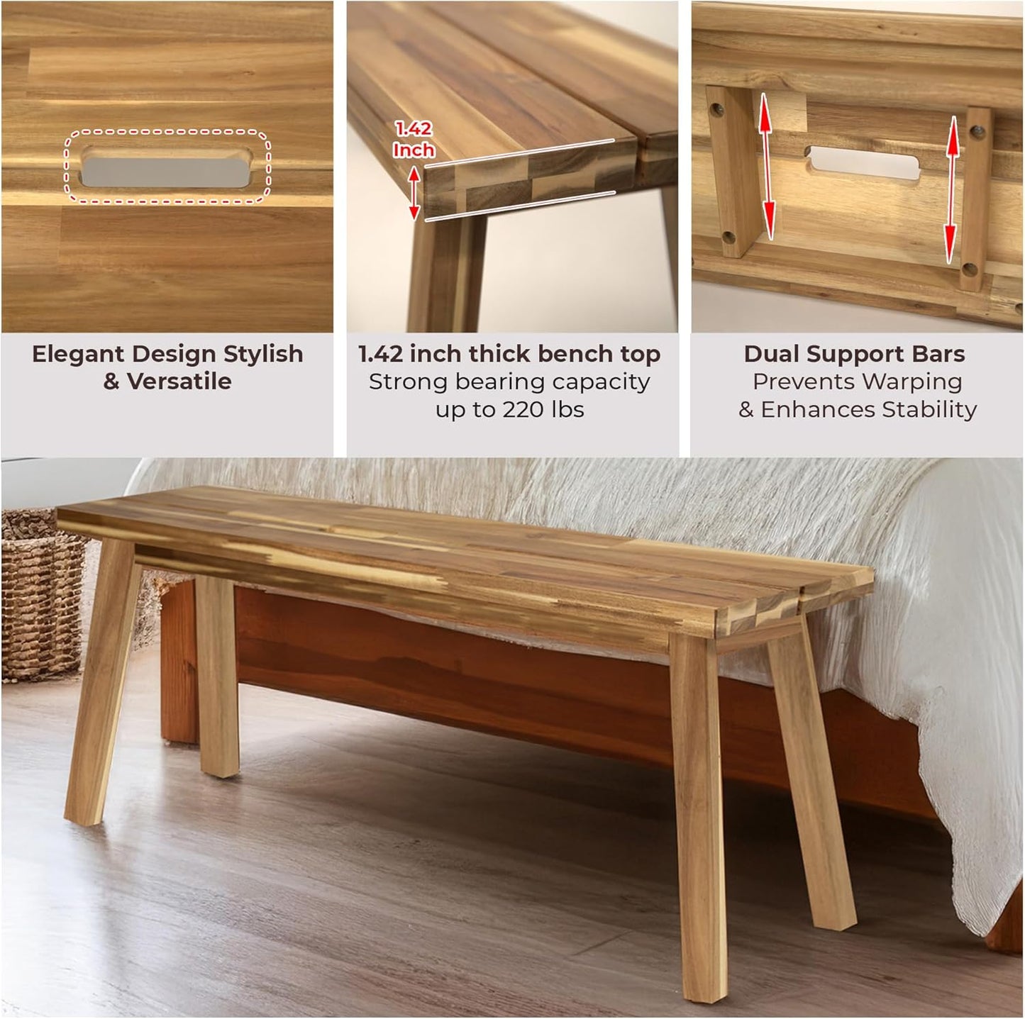 Bench 100% Solid Acacia Wood, Backless, Wax Galvanized Finish, Easy Assembly, End Table Wooden Bench Furniture for Plant, Dining Room, Entryway, Indoor (47 Inches)