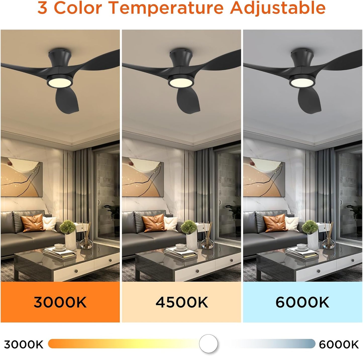 52 Inch Ceiling Fan with Led Light Remote Control Flush Mount Low Profile for Bedroom Farmhouse Patio Outdoor Living Room Kitchen Dining Room,Dc Motor,Reversible,Black